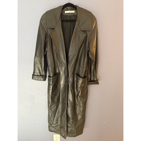 Vintage ANDREW MARC women's BLACK LAMBSKIN LEATHER FULL LENGTH TRENCH COAT LARGE - Picture 2 of 10